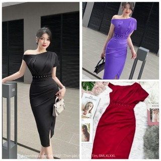 Đầm ôm body lệch vai đính xoàn nhấn eo