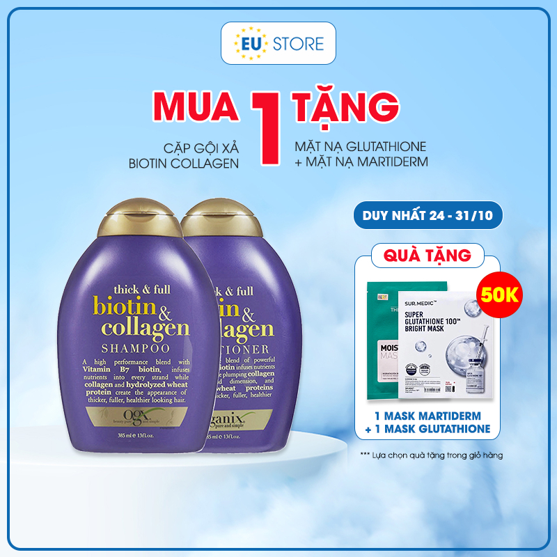 Dầu gội xả Biotin Collagen tím 385ml OGX + Viên uống Biotin Natrol 10000mcg giảm rụng tóc, giúp mọc tóc