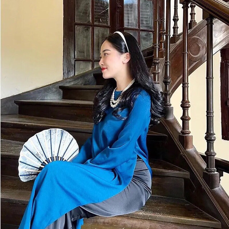 Set áo dài cách tân dáng suông cổ tròn tay lỡ ( kèm quần)