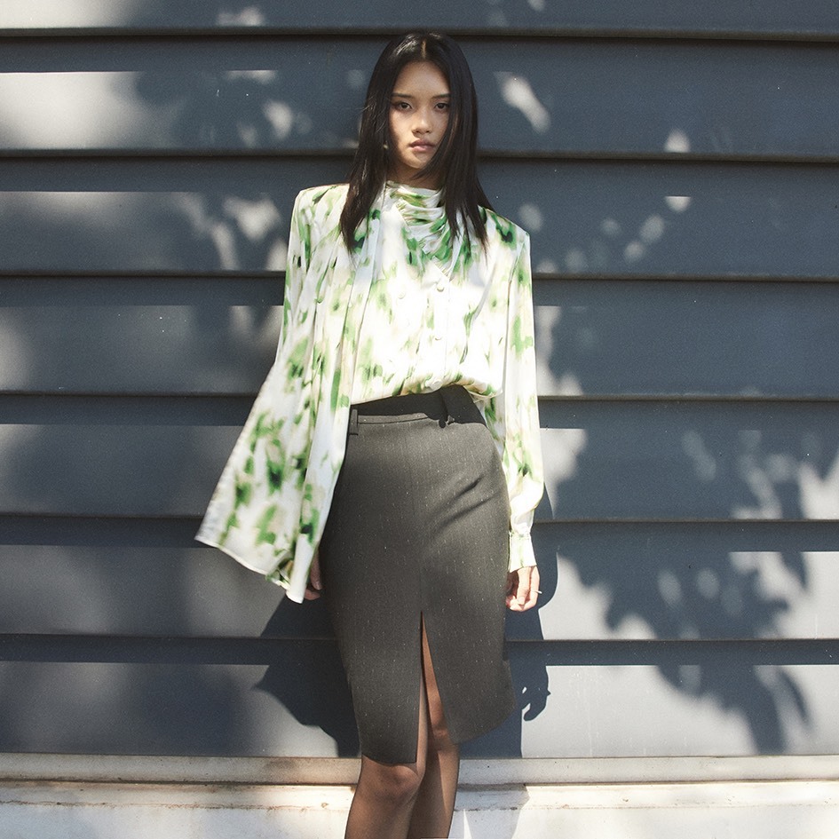 REINA- SID OVERSIZED PINSTRIPED BLAZER JACKET – STEPHANIE SILK BLOUSE –  SID PINSTRIPED SKIRT