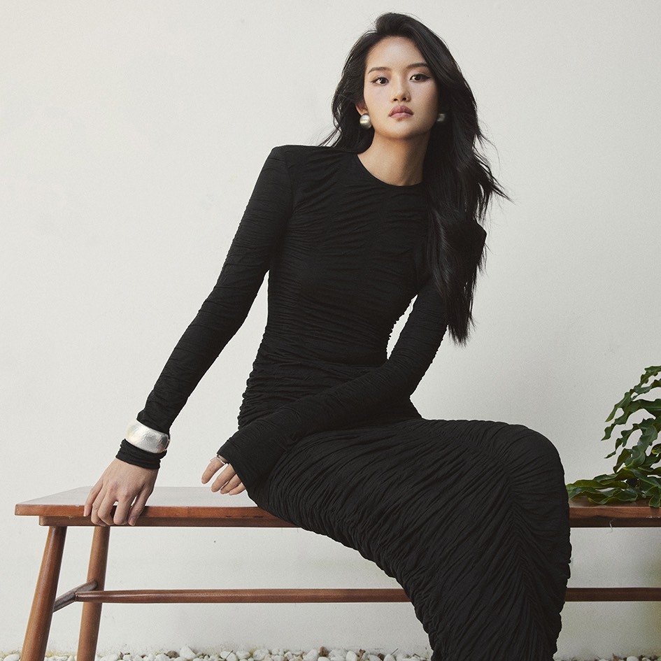 REINA-  DALLE EMBELLISHED RUCHED STRETCH- JERSEY MIDI SKIRT