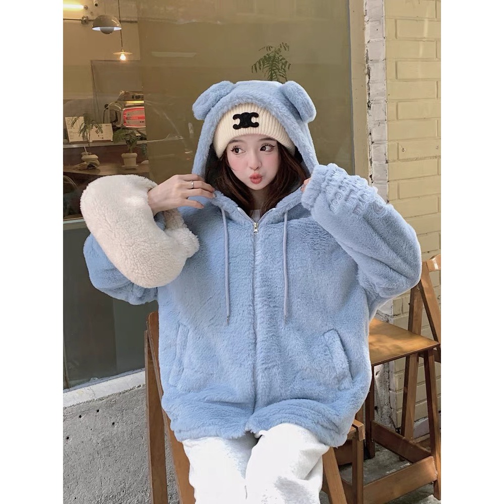 Áo Khoác Lông gấu thêu 2 Lớp Có Mũ, Áo Lông cừu Unisex 2 lớp dày dặn - Đủ màu- Hot trend- hàng sẵn