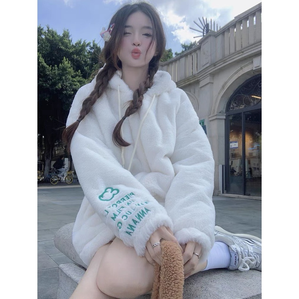 Áo Khoác Lông gấu thêu 2 Lớp Có Mũ, Áo Lông cừu Unisex 2 lớp dày dặn - Đủ màu- Hot trend- hàng sẵn