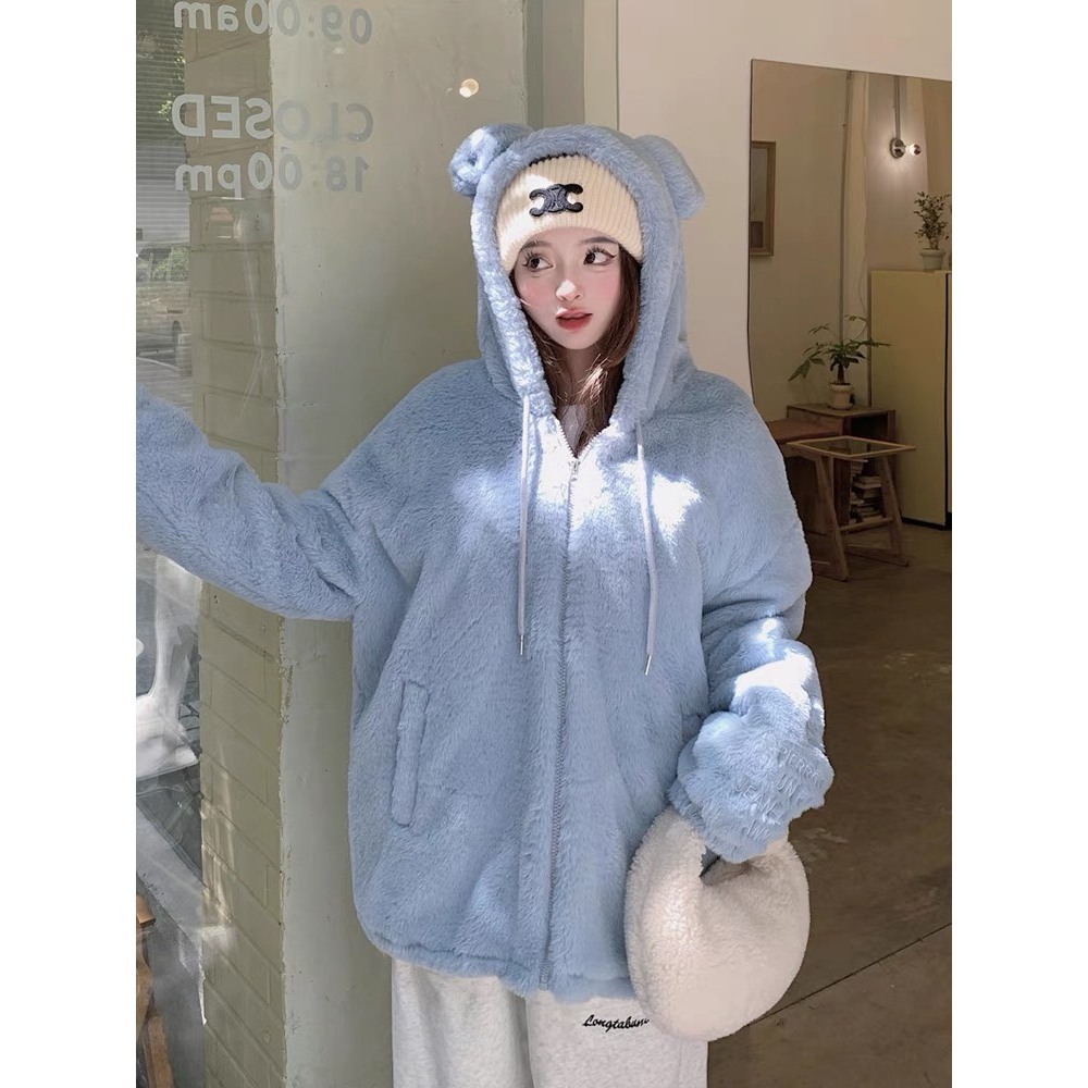 Áo Khoác Lông gấu thêu 2 Lớp Có Mũ, Áo Lông cừu Unisex 2 lớp dày dặn - Đủ màu- Hot trend- hàng sẵn