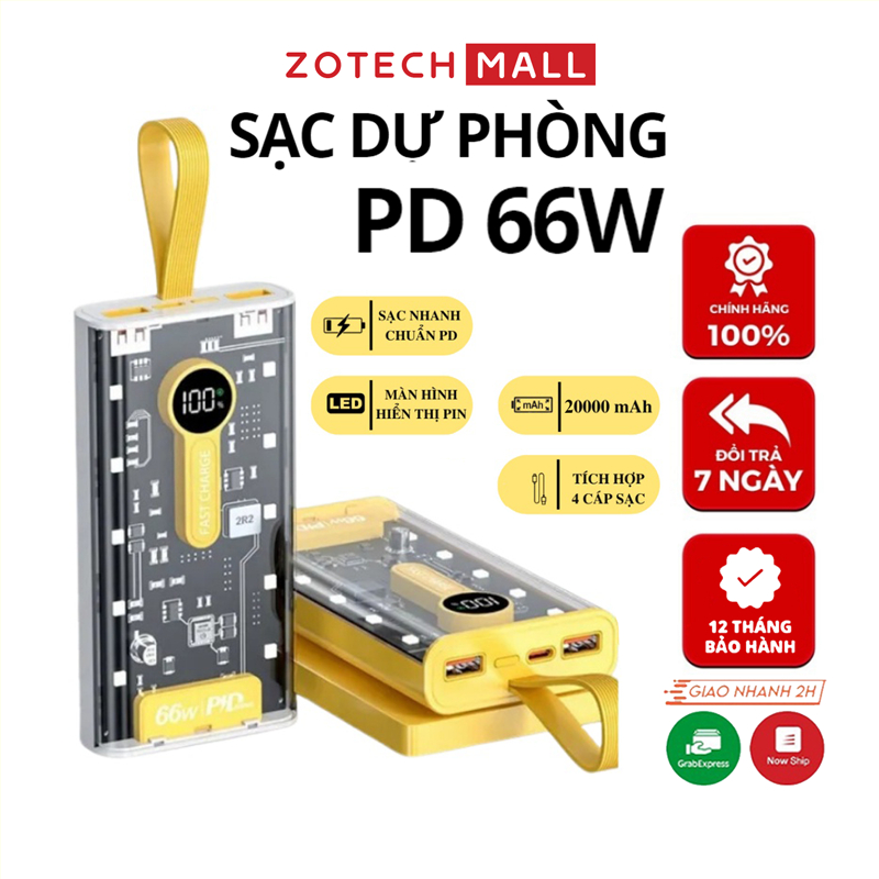 Sạc dự phòng nhanh PD 66w trong suốt 20000mAh ZOTECH với thiết kế hiện đại có thể nhìn được bản mạch bên trong