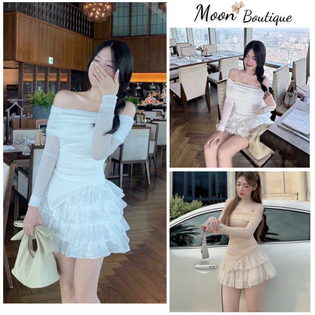 Set Áo Nhũ Voan Trễ Vai Dài Tay  Ôm Body Kèm Chân Váy Xếp Ly Dáng Tiểu Thư Sang Chảnh, Set Váy Tiểu Thư