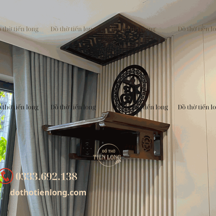 Bàn thờ treo tường hiện đại màu óc chó - Quan Thế Âm Bồ tát , Ông Táo , Ông Địa - Đồ Thờ Tiến Long