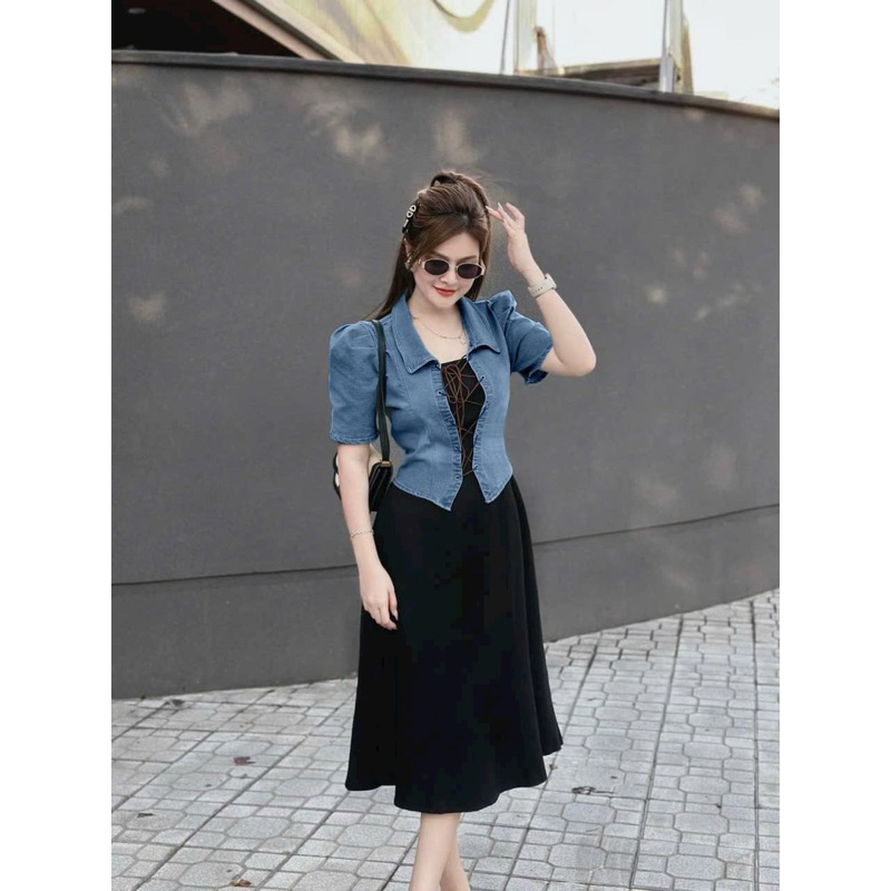 Đầm thời trang nữ mặc đi chơi chất thun gân 2 dây váy suông xoè kèm áo khoác jeans bèo tay lỡ QC đan chéo dây ngực 2 màu