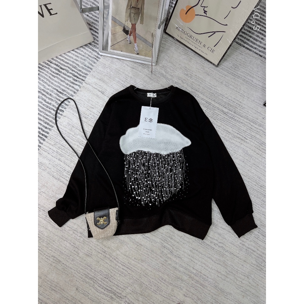 Áo Nỉ Nhung In Đám Mây, Dáng Rộng Dấu Quần, Gắn Đá Siêu Sịn