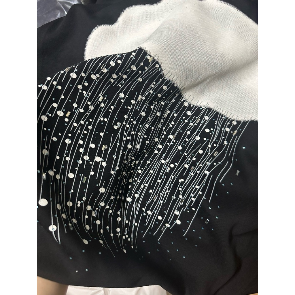 Áo Nỉ Nhung In Đám Mây, Dáng Rộng Dấu Quần, Gắn Đá Siêu Sịn