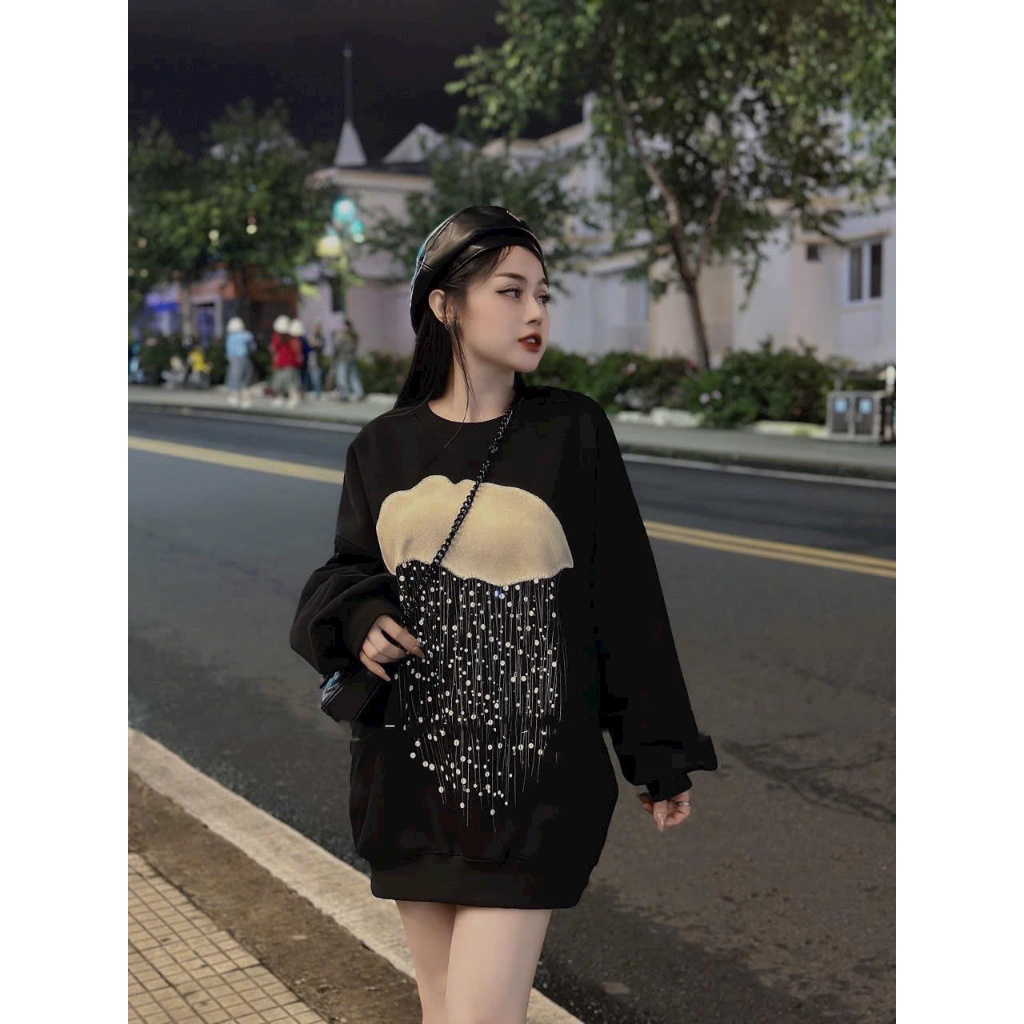 Áo Nỉ Nhung In Đám Mây, Dáng Rộng Dấu Quần, Gắn Đá Siêu Sịn