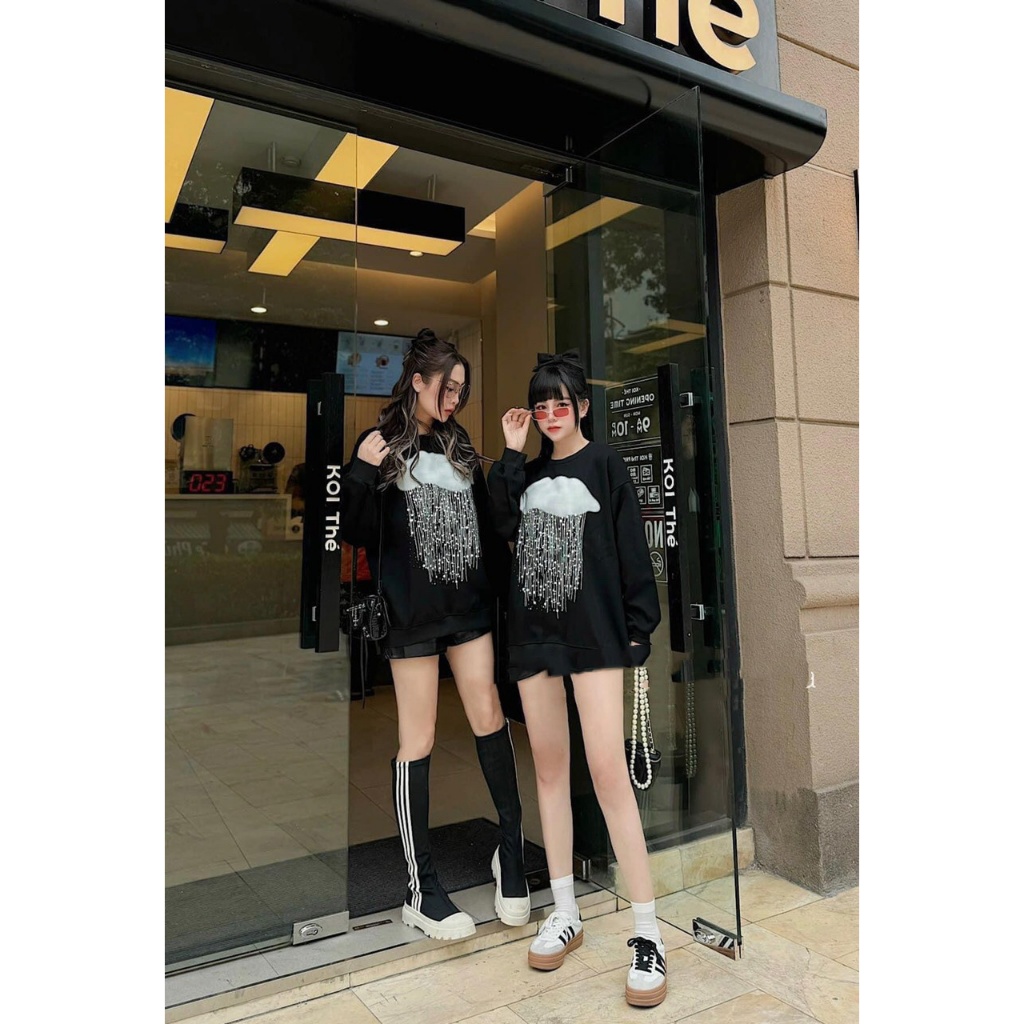 Áo Nỉ Nhung In Đám Mây, Dáng Rộng Dấu Quần, Gắn Đá Siêu Sịn