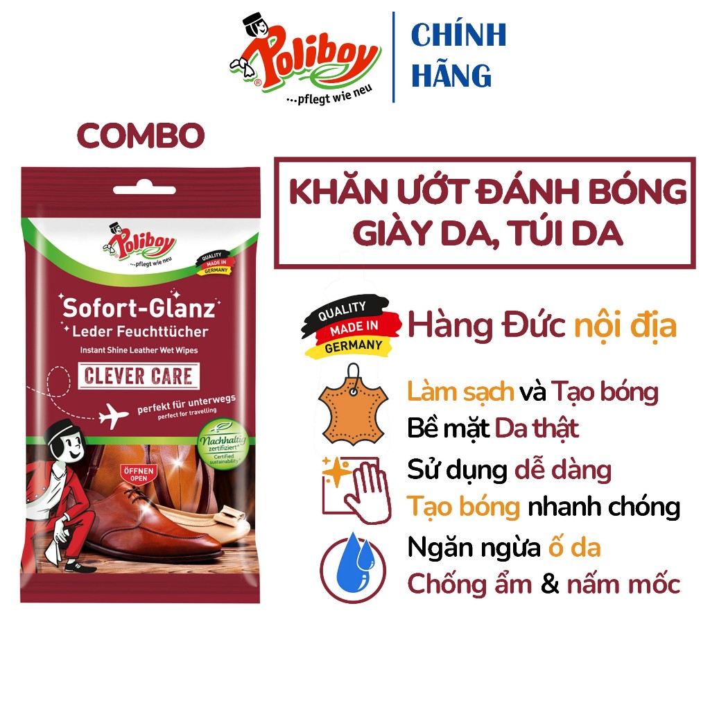 Combo Khăn Giấy Lau Giày Da, Bảo Dưỡng Túi Da POLIBOY Tẩy Mốc, Chống Mốc Giầy Da, Vệ Sinh Đồ Da, Dưỡng Túi Da, Gói 10 Tờ