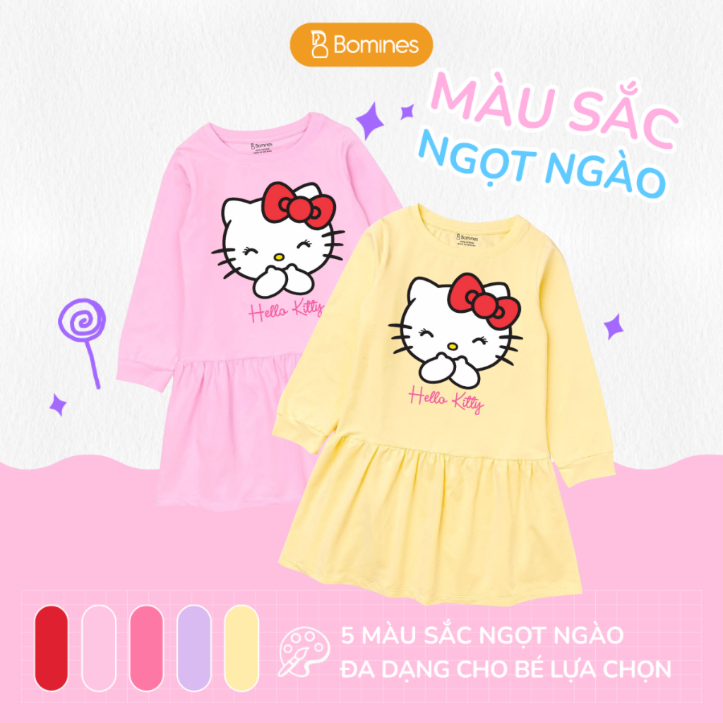 Váy bé gái mùa thu tay dài Hello Kitty BOMINES dễ thương, thun cotton cho bé gái 3- 12 tuổi, 12- 36kg DTDKITTYCUOI
