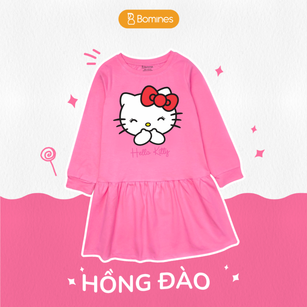Váy bé gái mùa thu tay dài Hello Kitty BOMINES dễ thương, thun cotton cho bé gái 3- 12 tuổi, 12- 36kg DTDKITTYCUOI