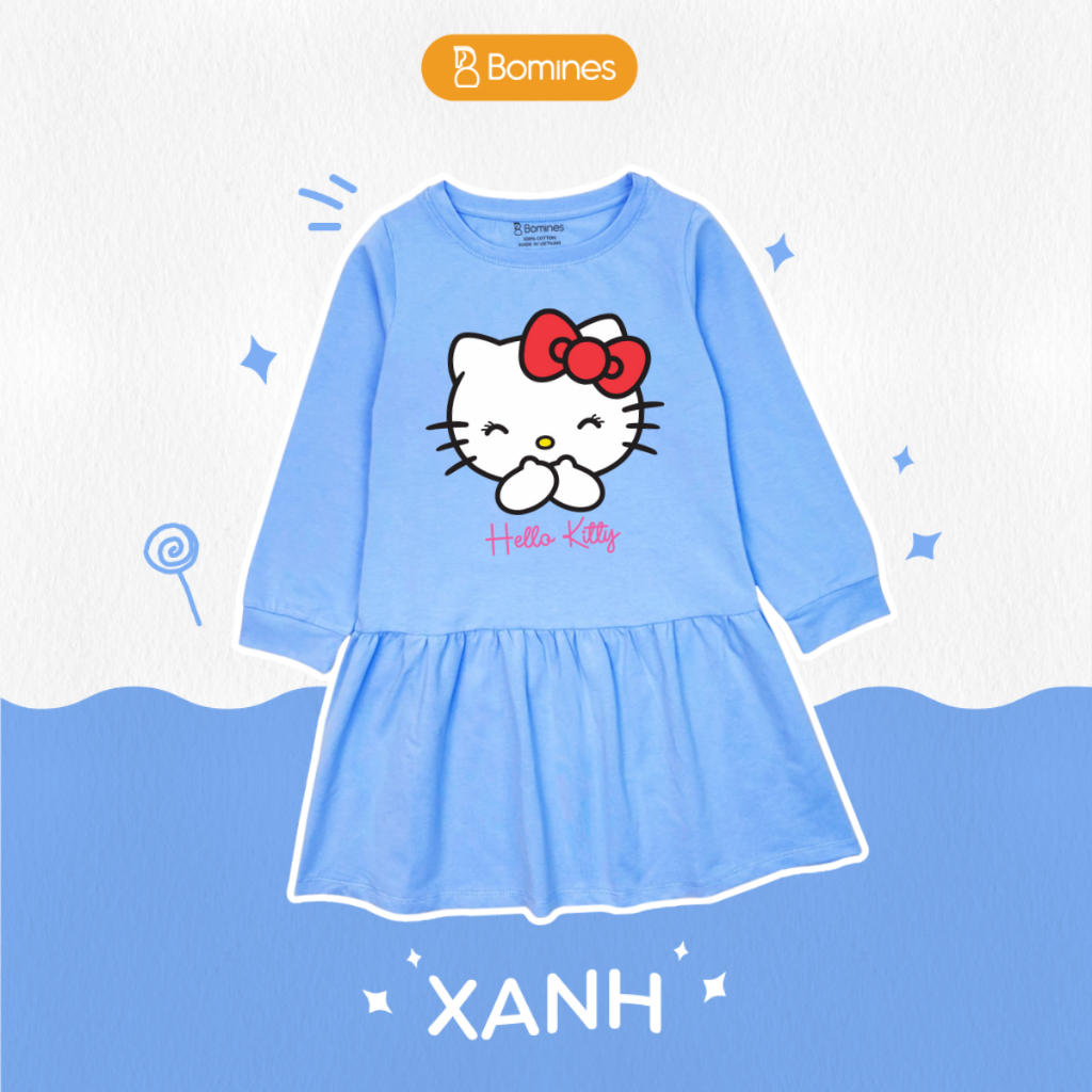 Váy bé gái mùa thu tay dài Hello Kitty BOMINES dễ thương, thun cotton cho bé gái 3- 12 tuổi, 12- 36kg DTDKITTYCUOI