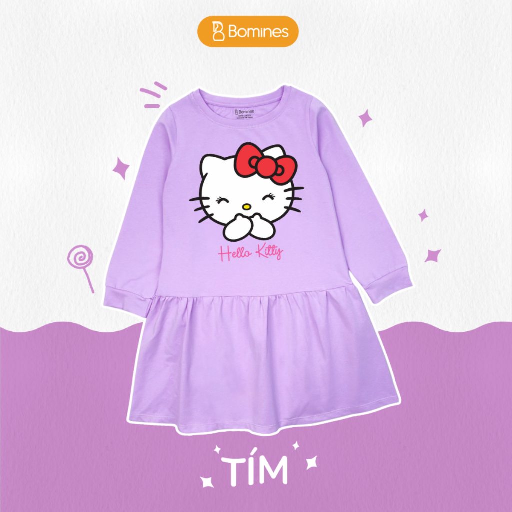 Váy bé gái mùa thu tay dài Hello Kitty BOMINES dễ thương, thun cotton cho bé gái 3- 12 tuổi, 12- 36kg DTDKITTYCUOI