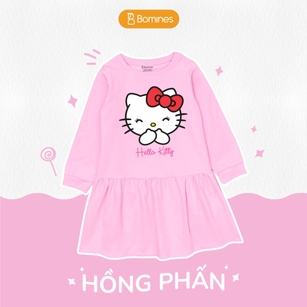 Váy bé gái mùa thu tay dài Hello Kitty BOMINES dễ thương, thun cotton cho bé gái 3- 12 tuổi, 12- 36kg DTDKITTYCUOI