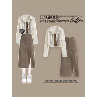 Sét váy 3 món thời trang nữ style Hàn Quốc áo chéo nhung tay dài lót dây thun gân mix chân váy kaki chữ A một màu