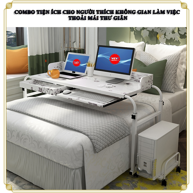 Bàn làm việc lười phong cách Châu Âu , Bàn lười đa năng có bánh xe, chốt khóa tiện lợi