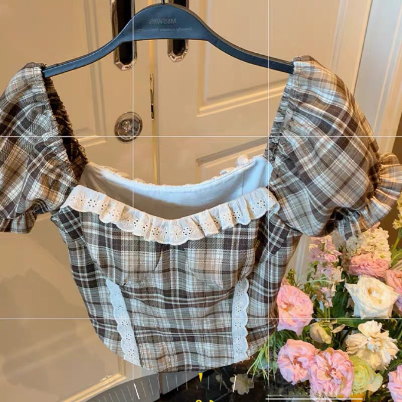 Set áo váy kẻ và chân váy xoè tầng phong cách corset Anh quốc