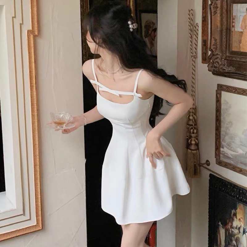 Đầm trắng 2 dây, Váy 2 dây đơn giản dáng xòe phối nơ