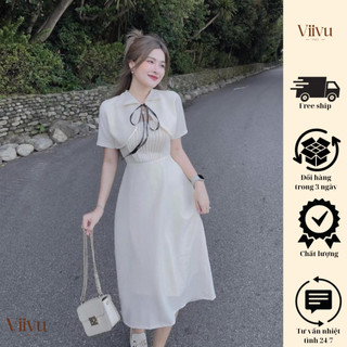 Đầm Nữ Dự Tiệc Viivushop Đầm kem 2 Dây Xòe Xếp Ly Kèm Áo Khoắc Dài Bigsize