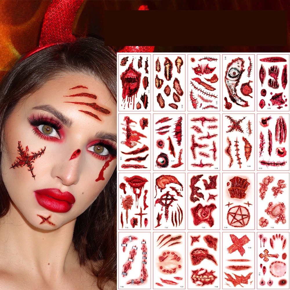 Hình Xăm Dán Hóa Trang Vết Thương Kinh Dị Chống Nước Phong Cách halloween Mới có loại mẫu thường và phát sáng