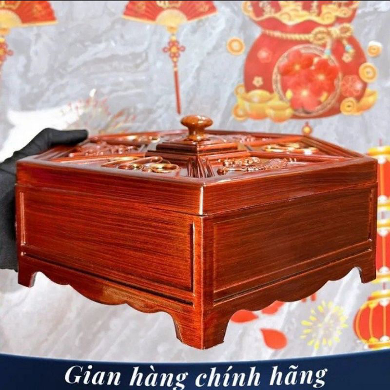 Khay Đựng Bánh, Kẹo, Mứt Tết Hoạ Tiết Phúc Lộc Thọ Giả Vân Gỗ Sang Trọng