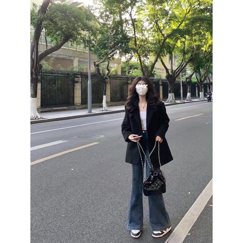 Quần jean ống loe nữ xanh than Hàn Quốc tôn dáng