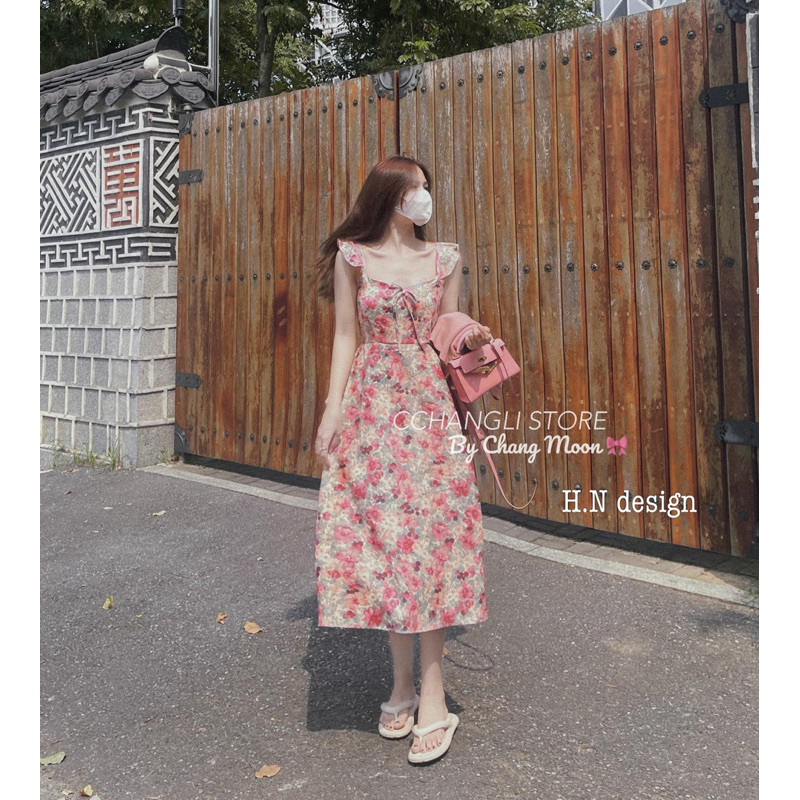 Váy cánh tiên hoa mix cardigan hồng QC