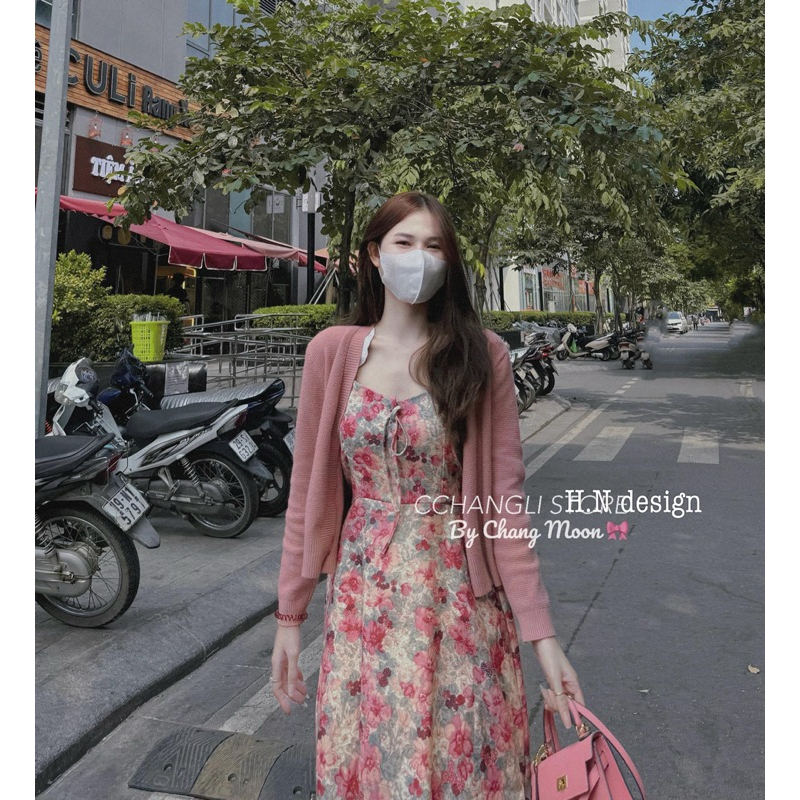 Váy cánh tiên hoa mix cardigan hồng QC