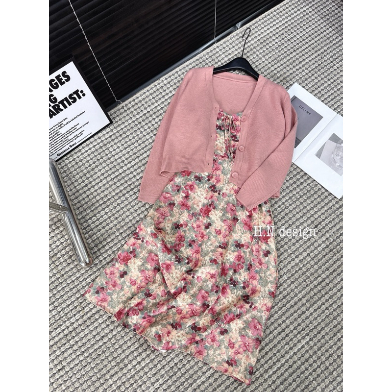 Váy cánh tiên hoa mix cardigan hồng QC