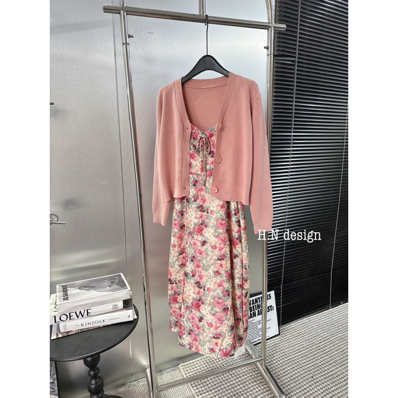 Váy cánh tiên hoa mix cardigan hồng QC