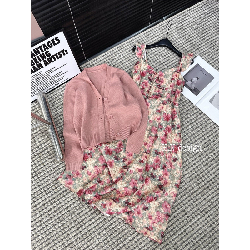 Váy cánh tiên hoa mix cardigan hồng QC
