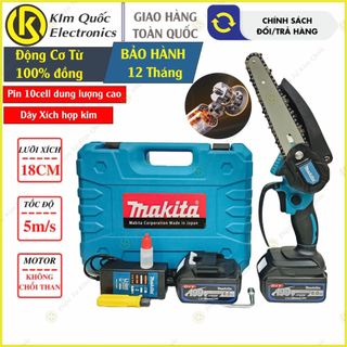 Máy cưa xích dùng pin Makita 199V,Mạch đổ keo chống nước, Động cơ không chổi than brushless lõi đồng, Lam xích dài 18cm