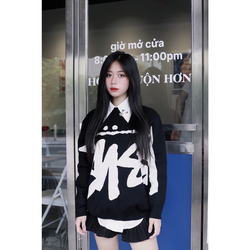 Áo Sweater Stussy dệt lens BigLogo Stock Knit Baby Black Pink Unisex SS2023