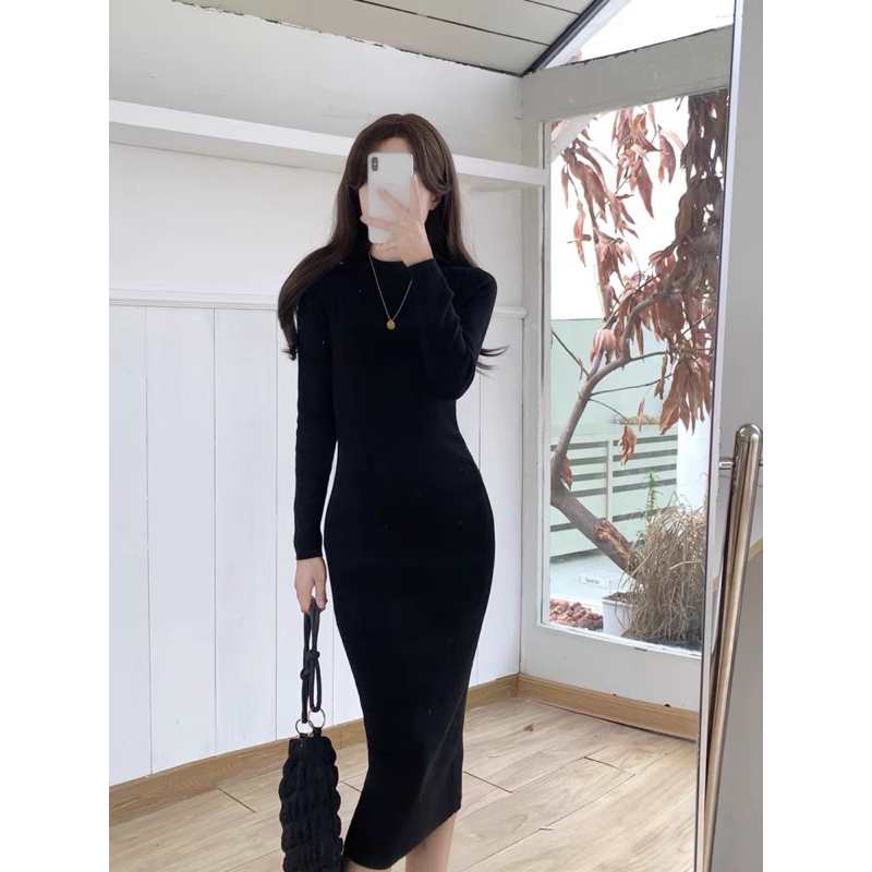 Đầm body nữ - váy body len tăm dài tay cổ tròn