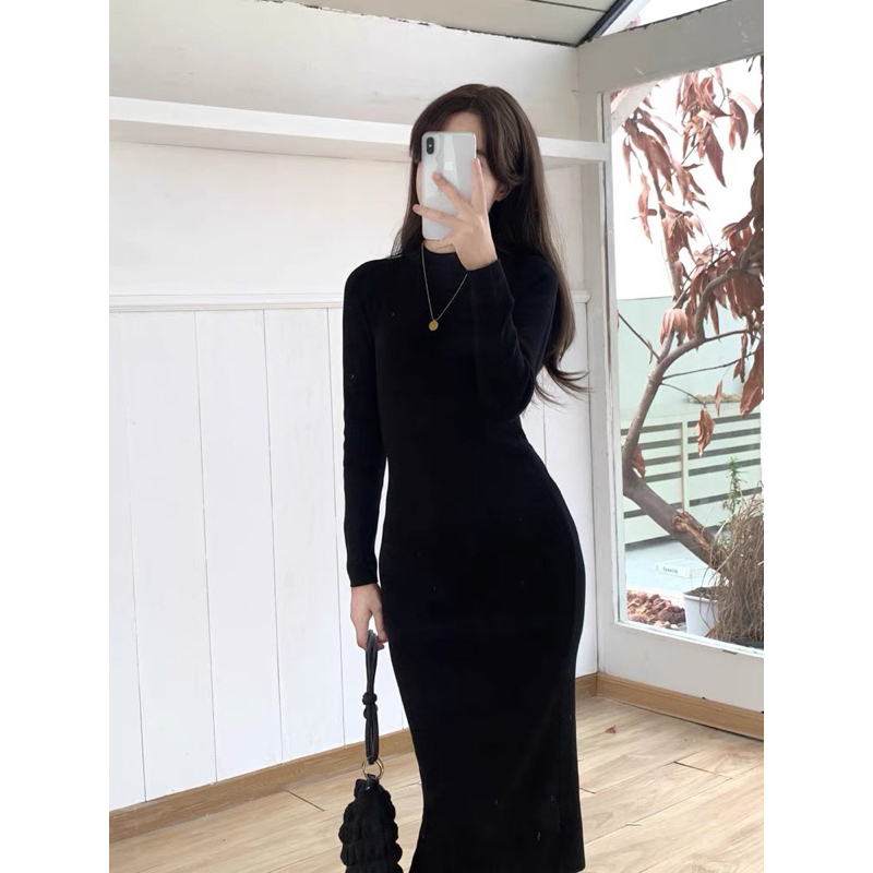 Đầm body nữ - váy body len tăm dài tay cổ tròn
