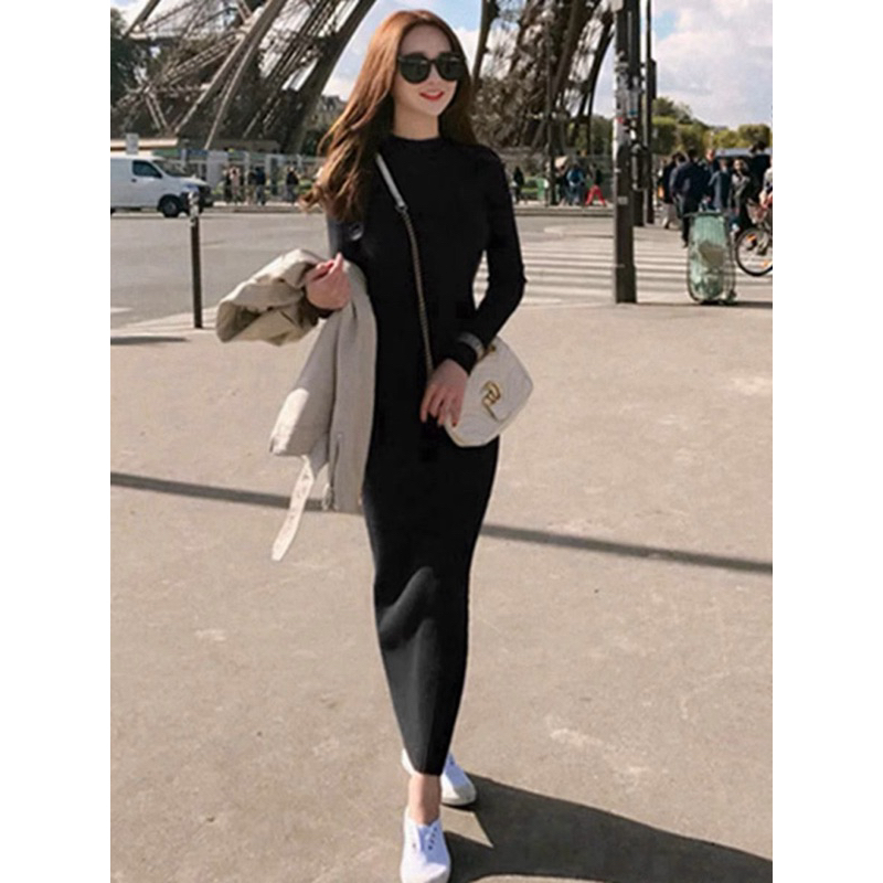 Đầm body nữ - váy body len tăm dài tay cổ tròn