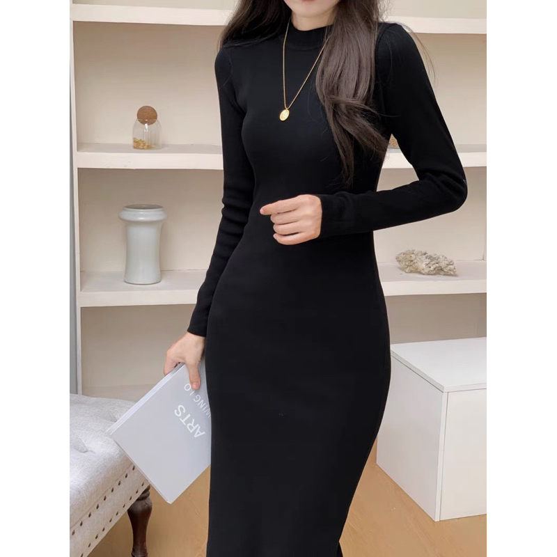 Đầm body nữ - váy body len tăm dài tay cổ tròn