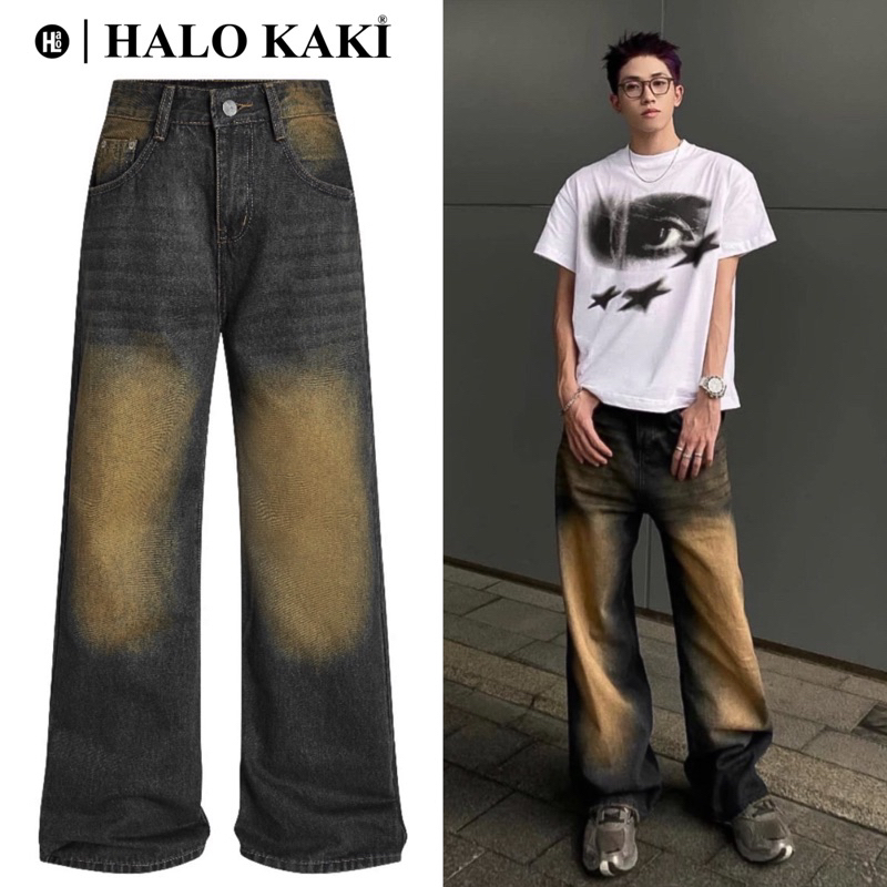 QUẦN JEANS BAGGY WASH NÂU VÀNG TRƠN/RÁCH - QUẦN JEANS WASH (NÂU VÀNG) VINTAGE RÁCH GỐI ỐNG RỘNG PHỦ GÓT - HALO KAKI | BigBuy360 - bigbuy360.vn