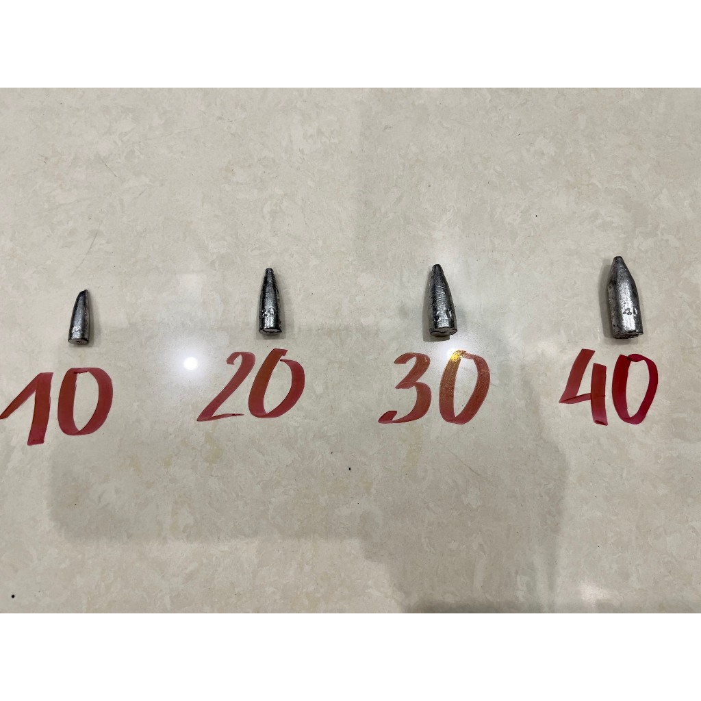 Chì hình đầu đạn trọng lượng 10 - 20 - 30 - 40 dùng trong câu cá.