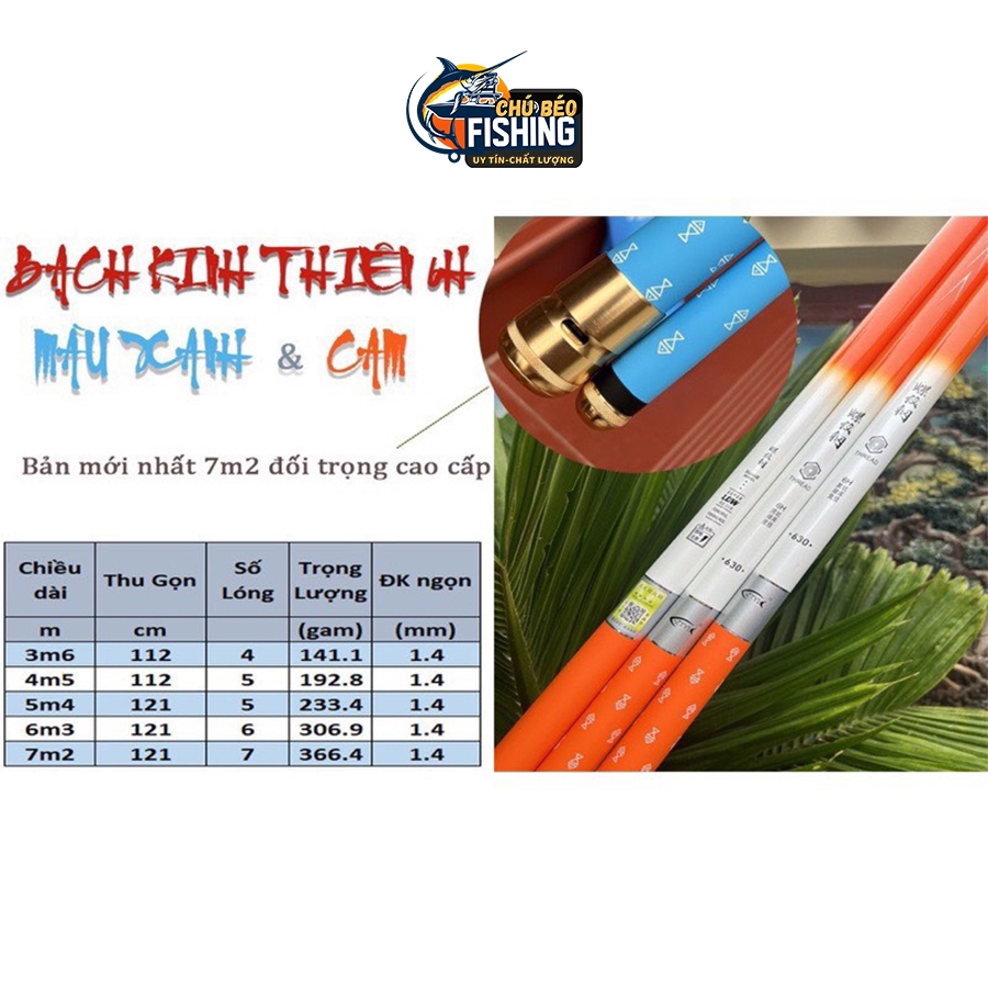 Cần câu tay câu đài Bạch Kinh Thiên xanh và cam 6h carbon xoắn cao cấp xanh và cam tặng kèm ngọn phụ - Chú béo Fishing