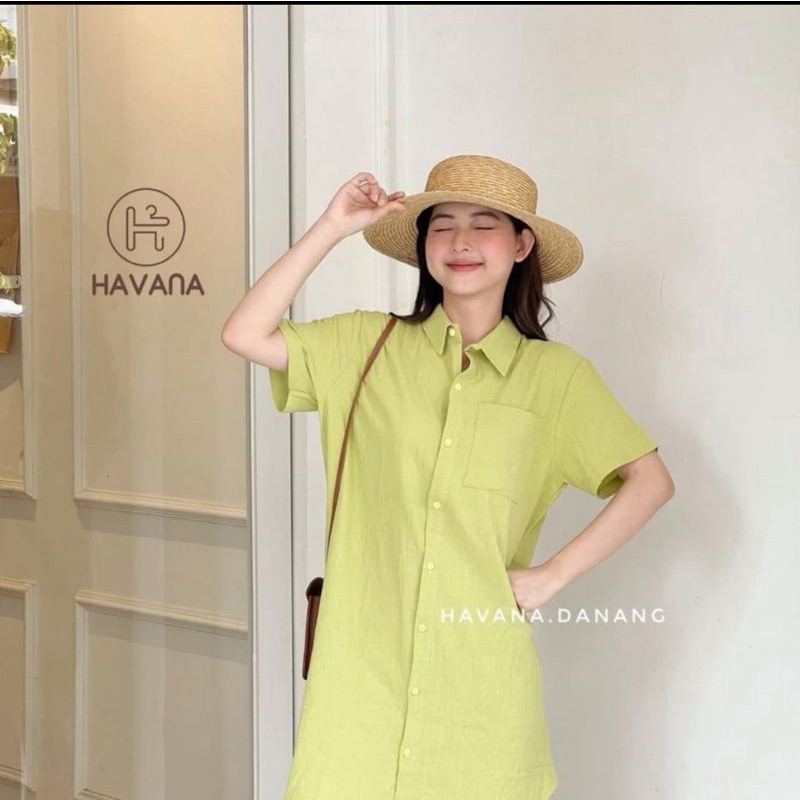 đầm sơ mi xanh bơ