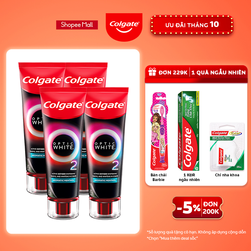 Bộ 4 Kem Đánh Răng Colgate trắng răng TRONG 3 NGÀY Optic White O2 với Oxy Hoạt Tính 85g/tuýp