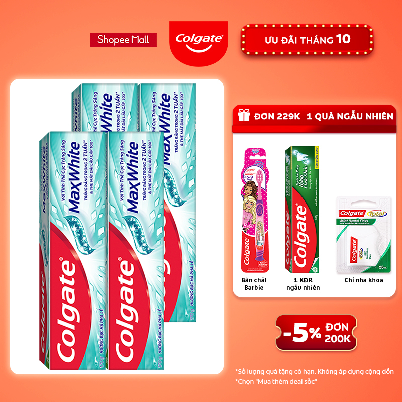 Bộ 4 Kem đánh răng Colgate MaxWhite tinh thể the mát, trắng răng trong 2 tuần