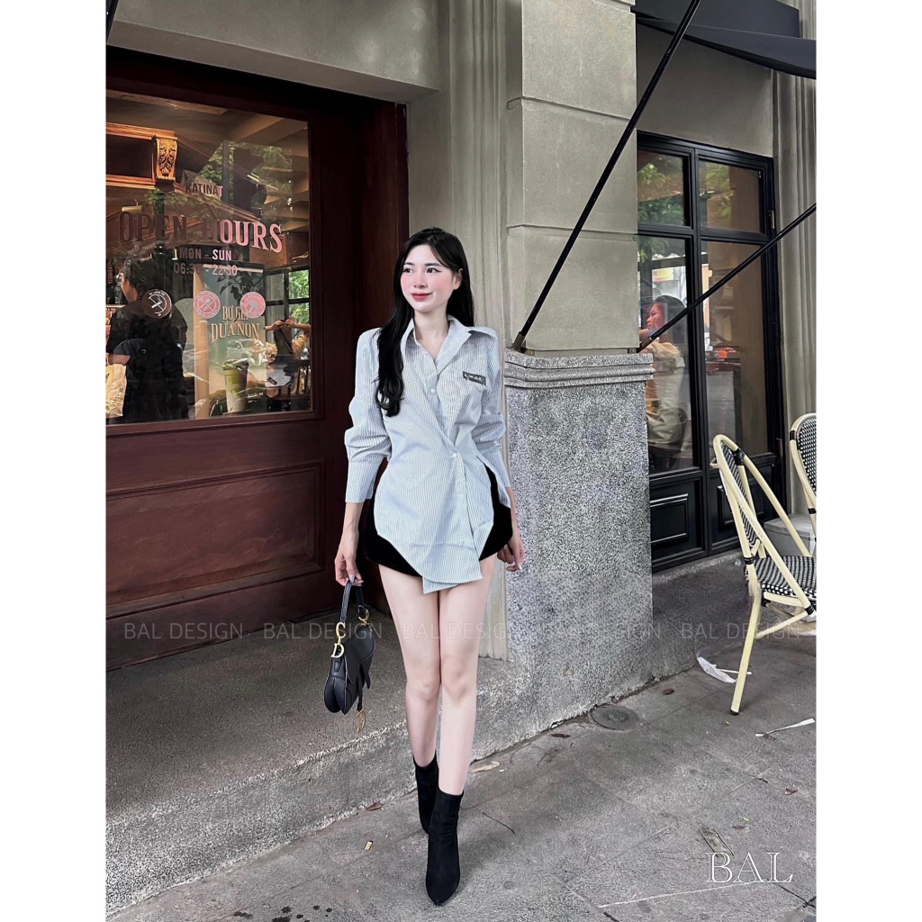 Set áo sơ mi kẻ chèo vạt mix quần short năng động