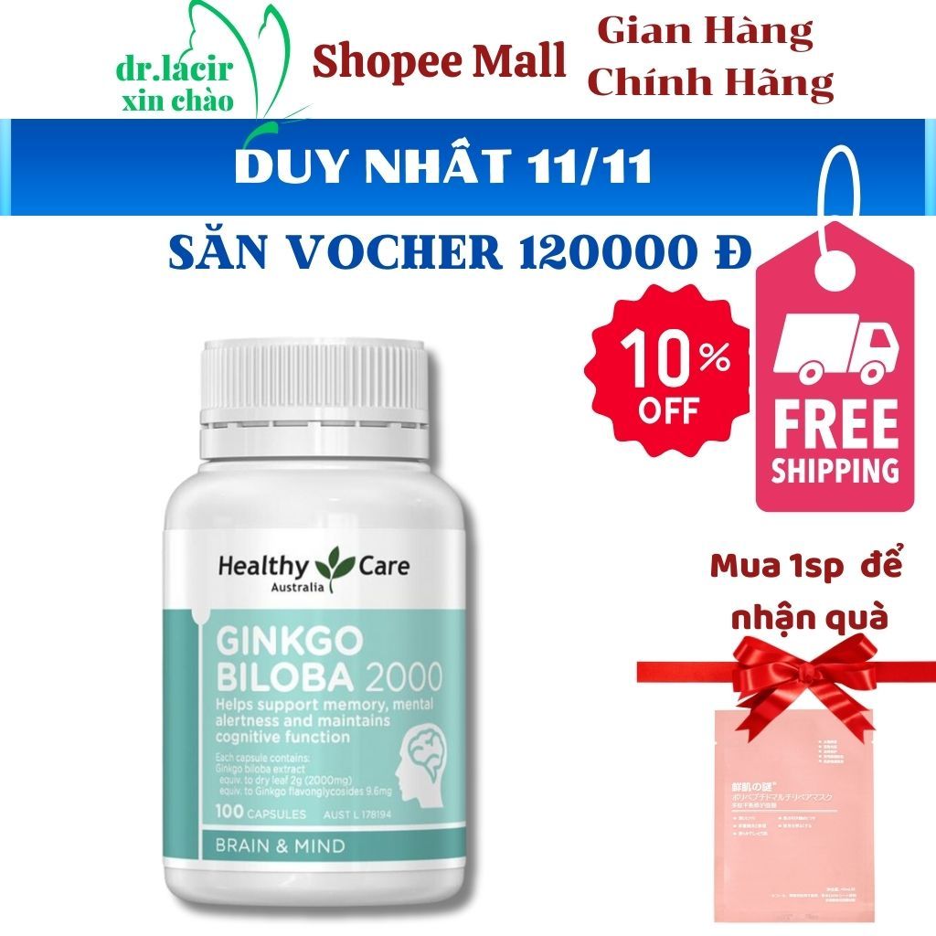 Bổ Não Healthy Care Ginkgo Biloba 100 viên hàng chuẩn