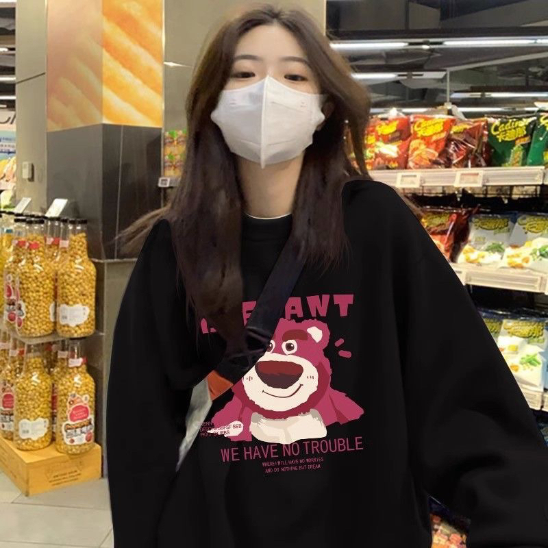 Áo sweater nữ gấu dâu cổ tròn dài tay lót nhung thu đông dáng rộng phong cách Mỹ